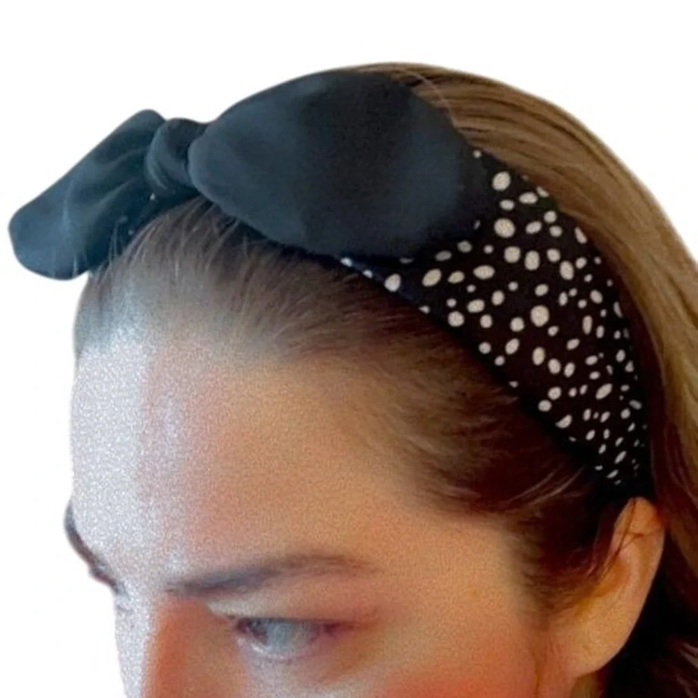 Retro Polka Dot Knot Headband Black White‎ Wide Fabric Hair Accessory